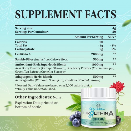 BoaSaude Urolithin A 2000 mg Powder – Adaptogen Blend, Prebiotics, High Absorption, 4.23 oz