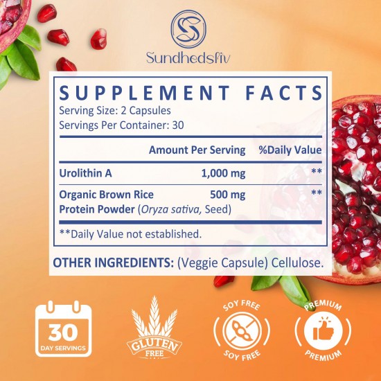 Sundhedsliv Urolithin A 1500mg + Brown Rice Protein | High Absorption Mitochondrial & Exercise Performance Support | Gluten-Free, 60 Capsules